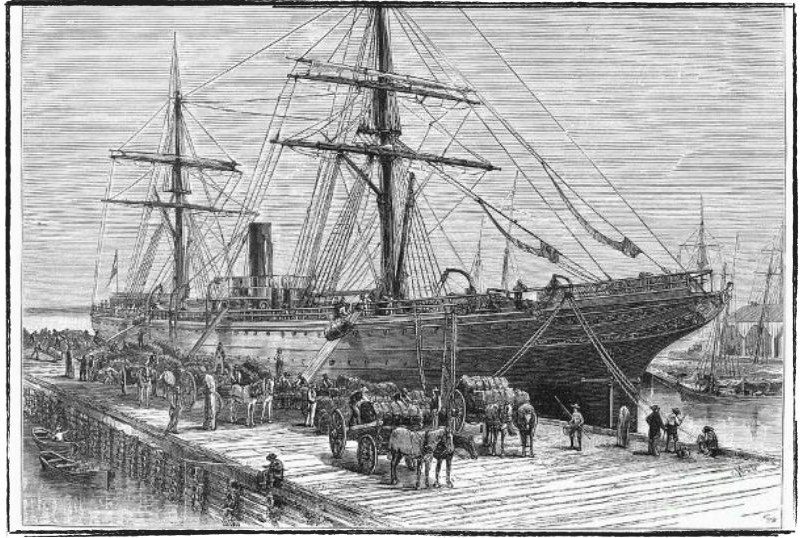 An engraving of ships at Gadsden's Wharf in the 1800s